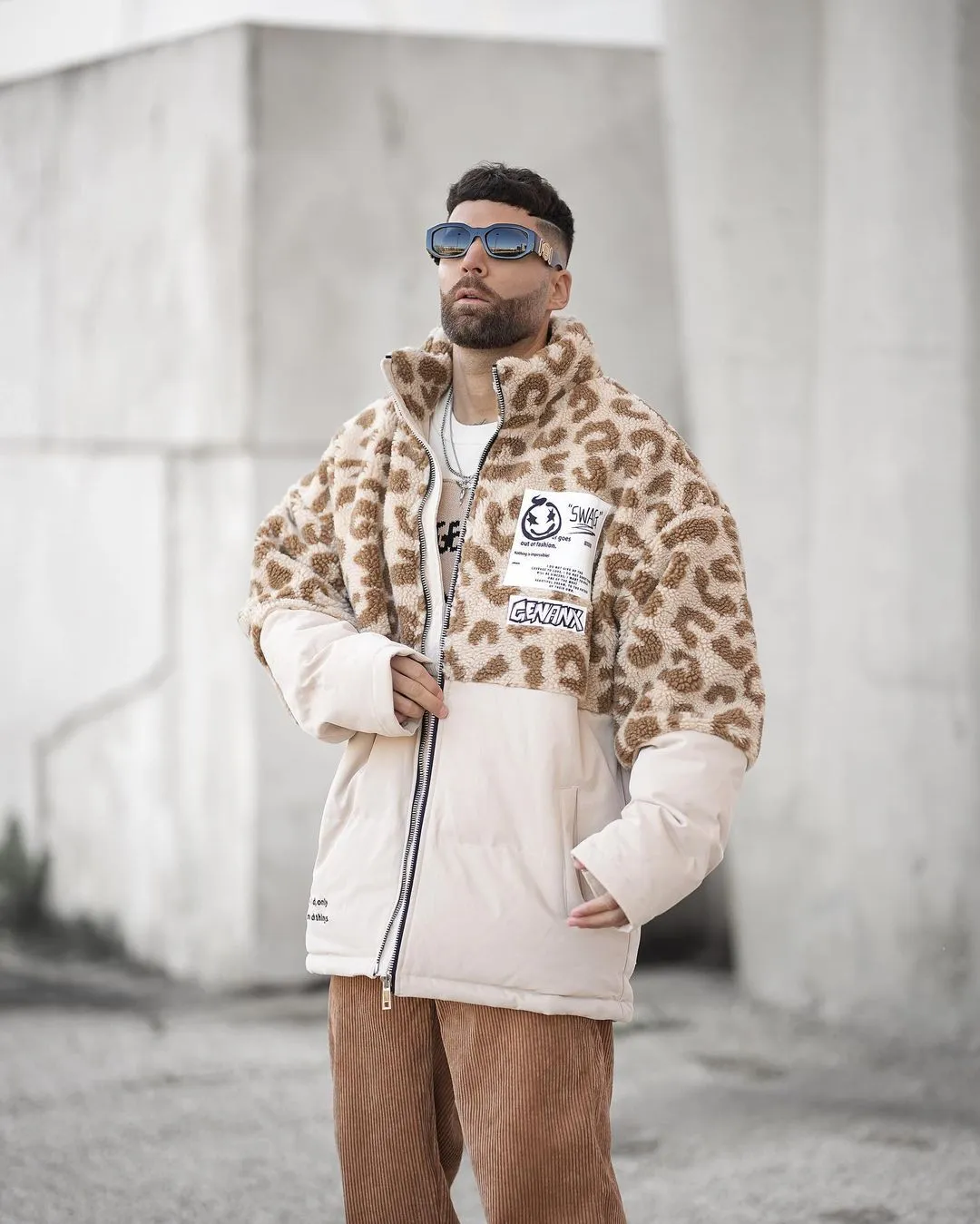 Khaki Leopard Contrast Color Front Zipper Padded Coat