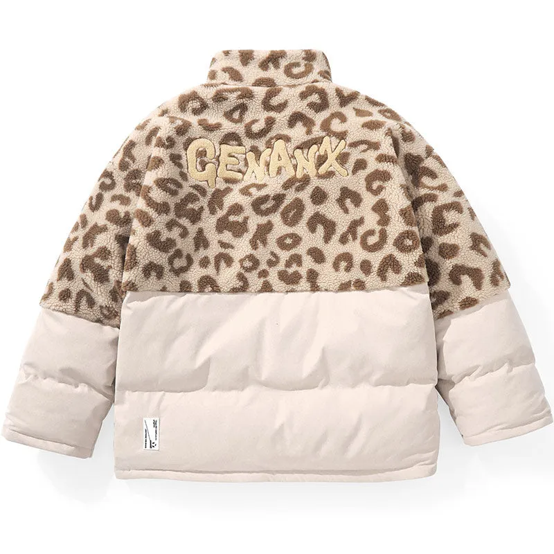 Khaki Leopard Contrast Color Front Zipper Padded Coat