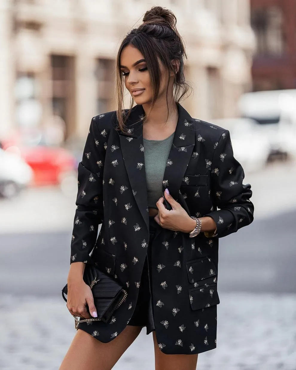 Lapel Collar Long Sleeve Printed Jacket