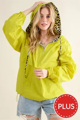 Lime Leopard Print Hoodie Zipper Up Pocket Windbreaker