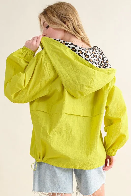 Lime Leopard Print Hoodie Zipper Up Pocket Windbreaker