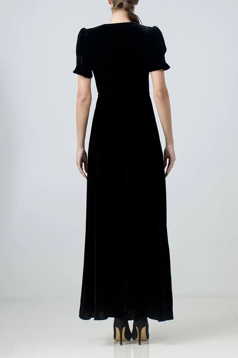 Long black silk velvet evening dress