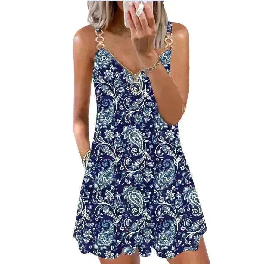 Loose Sleeveless Sling Summer Beach Printed Floral Mini Dress