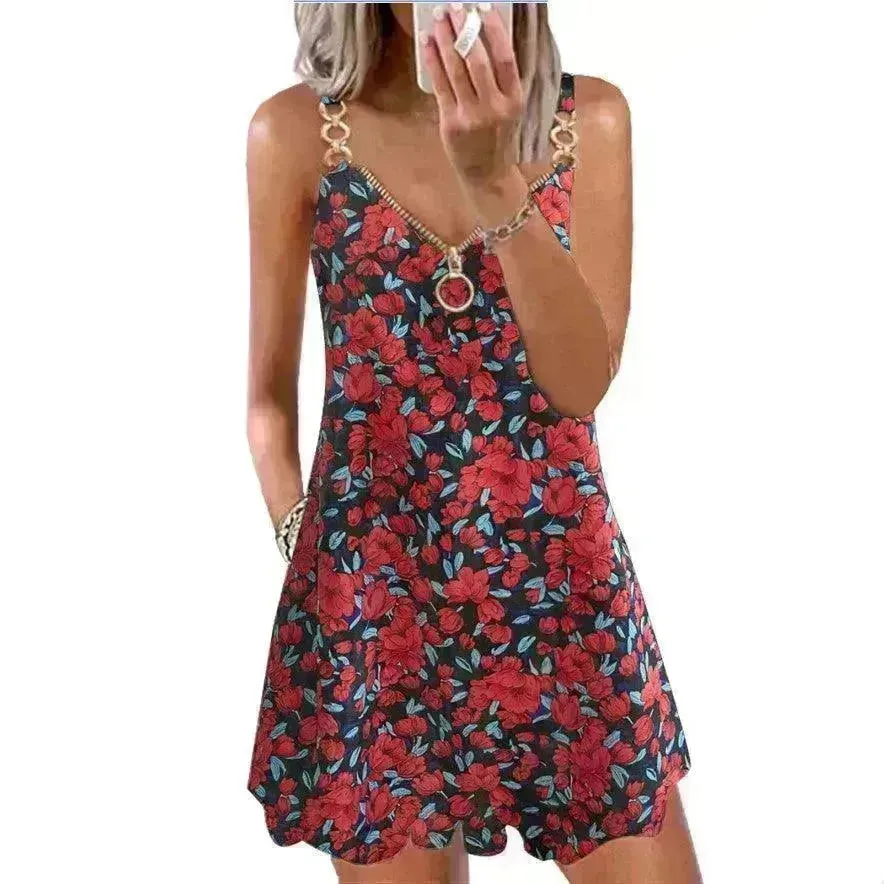Loose Sleeveless Sling Summer Beach Printed Floral Mini Dress