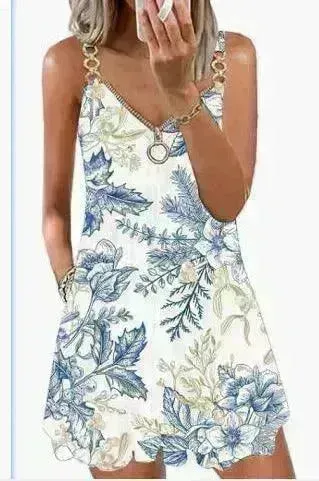 Loose Sleeveless Sling Summer Beach Printed Floral Mini Dress