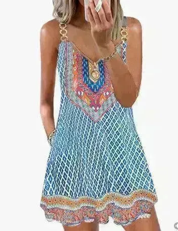 Loose Sleeveless Sling Summer Beach Printed Floral Mini Dress