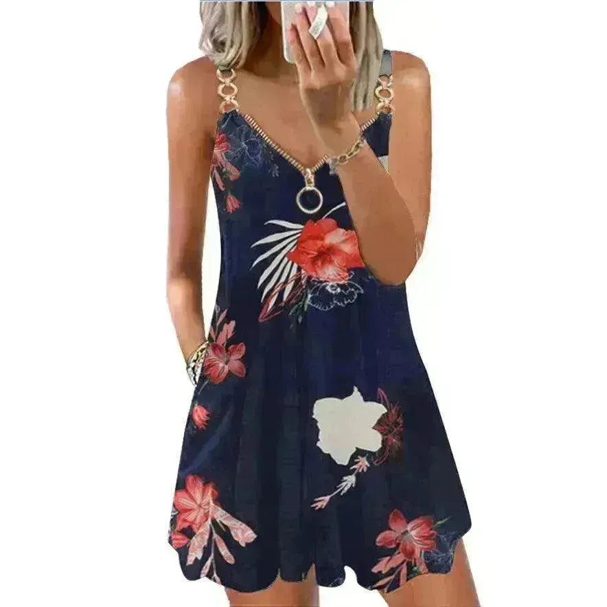 Loose Sleeveless Sling Summer Beach Printed Floral Mini Dress