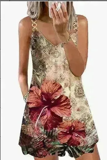Loose Sleeveless Sling Summer Beach Printed Floral Mini Dress