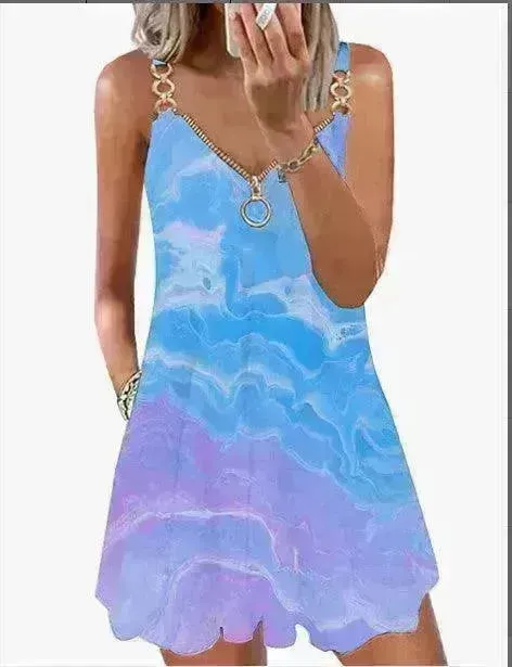 Loose Sleeveless Sling Summer Beach Printed Floral Mini Dress