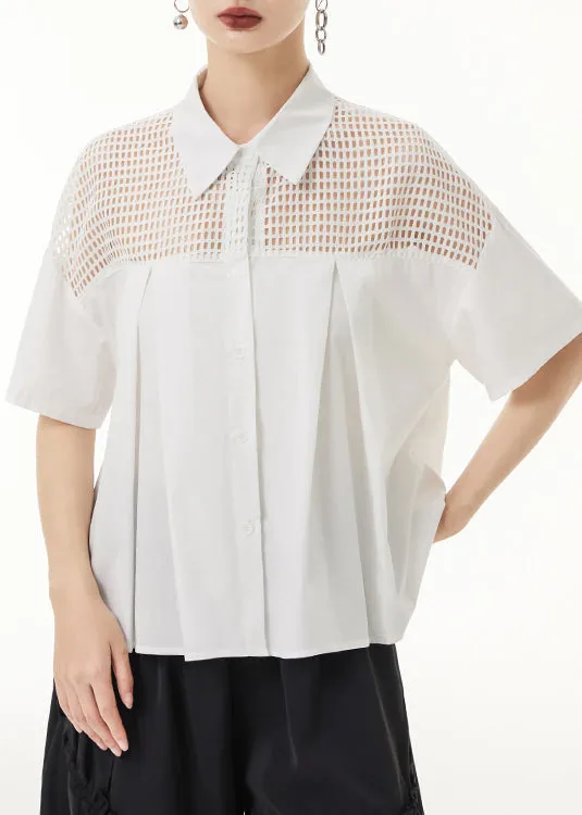 Loose White Peter Pan Collar Hollow Out Patchwork Cotton Shirt Summer LY9343