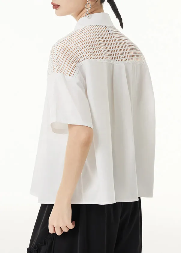 Loose White Peter Pan Collar Hollow Out Patchwork Cotton Shirt Summer LY9343