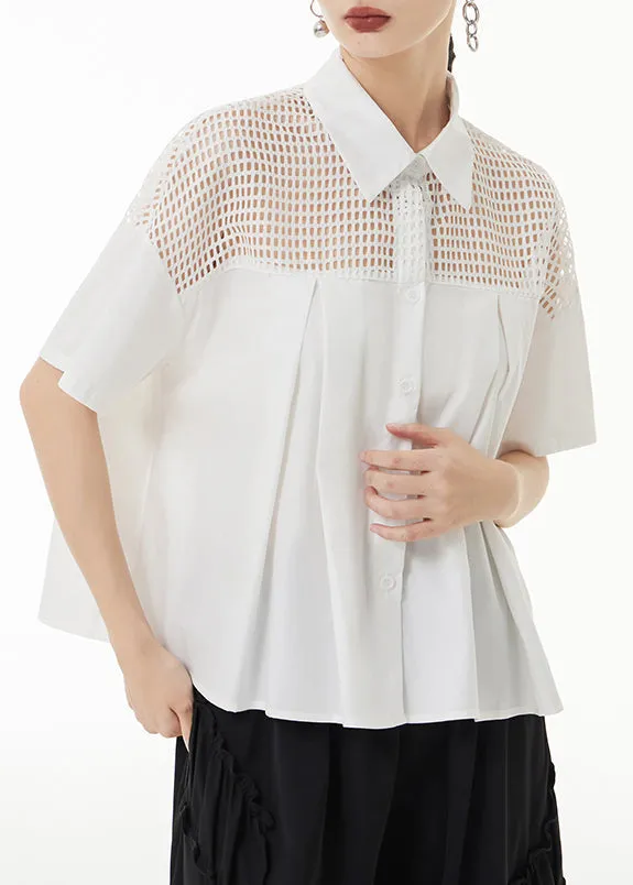 Loose White Peter Pan Collar Hollow Out Patchwork Cotton Shirt Summer LY9343