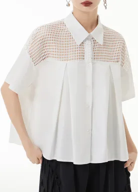 Loose White Peter Pan Collar Hollow Out Patchwork Cotton Shirt Summer LY9343