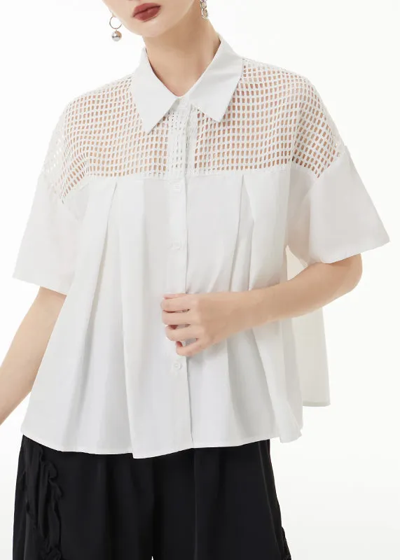 Loose White Peter Pan Collar Hollow Out Patchwork Cotton Shirt Summer LY9343