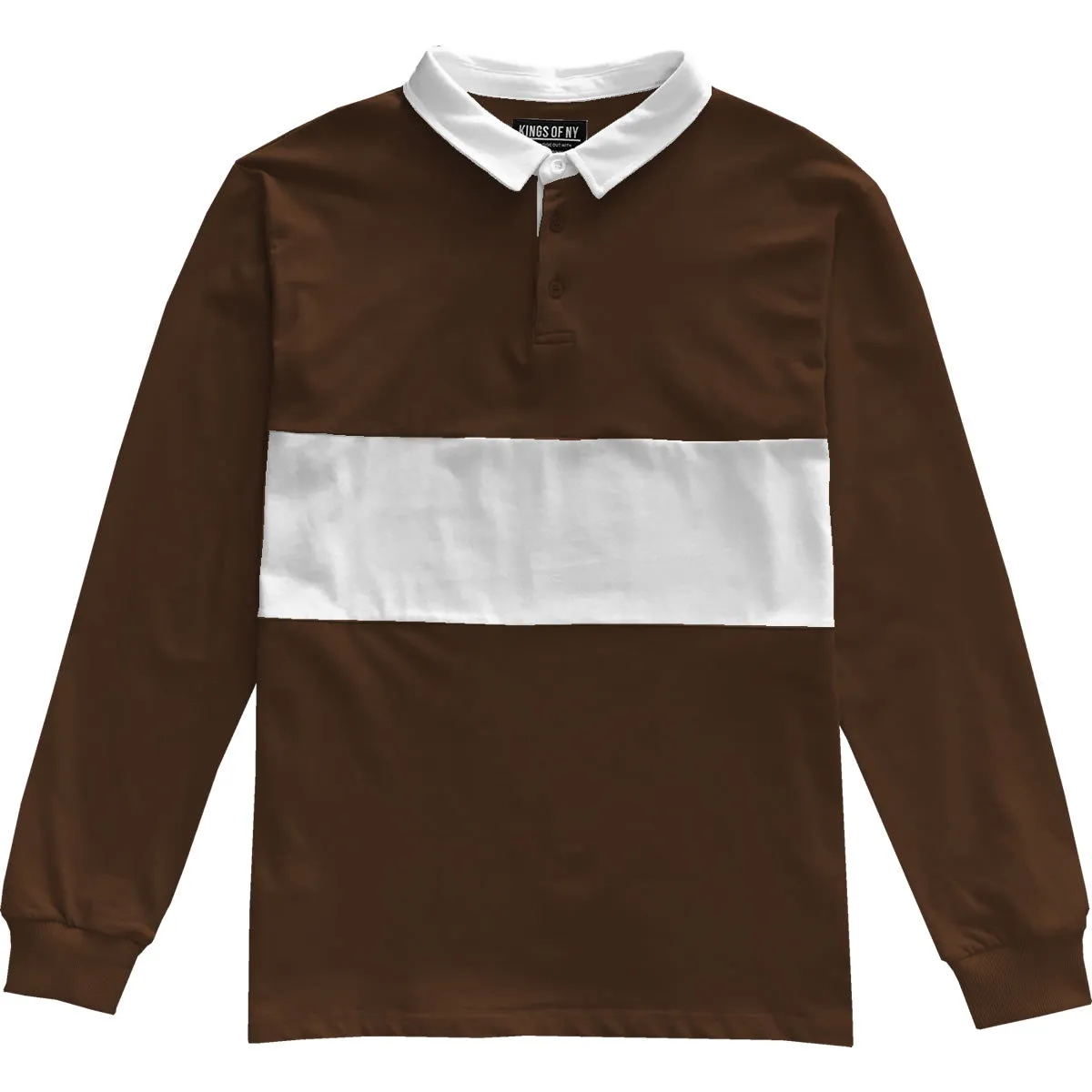 Mens Brown and White Striped Long Sleeve Polo Rugby Shirt