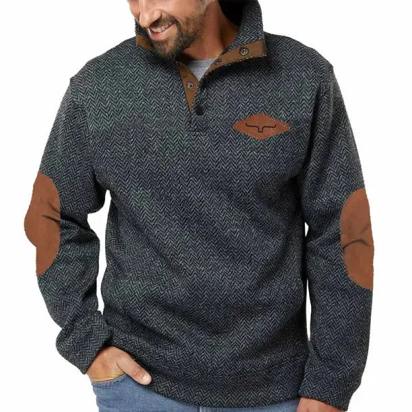 MEN'S RETRO HERRINGBONE FABRIC HENRY ELBOW PATCH COLOR BLOCKED WESTERN SWEATSHIRT