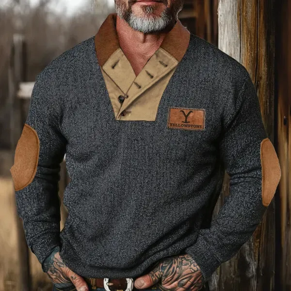 MEN'S RETRO HERRINGBONE FABRIC HENRY ELBOW PATCH COLOR BLOCKED WESTERN SWEATSHIRT