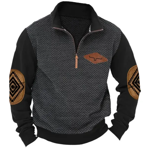 MEN'S RETRO HERRINGBONE FABRIC HENRY ELBOW PATCH COLOR BLOCKED WESTERN SWEATSHIRT