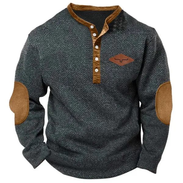 MEN'S RETRO HERRINGBONE FABRIC HENRY ELBOW PATCH COLOR BLOCKED WESTERN SWEATSHIRT
