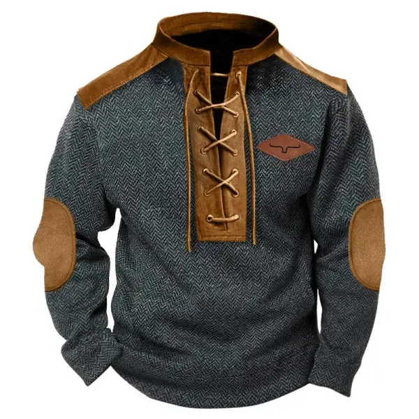 MEN'S RETRO HERRINGBONE FABRIC HENRY ELBOW PATCH COLOR BLOCKED WESTERN SWEATSHIRT
