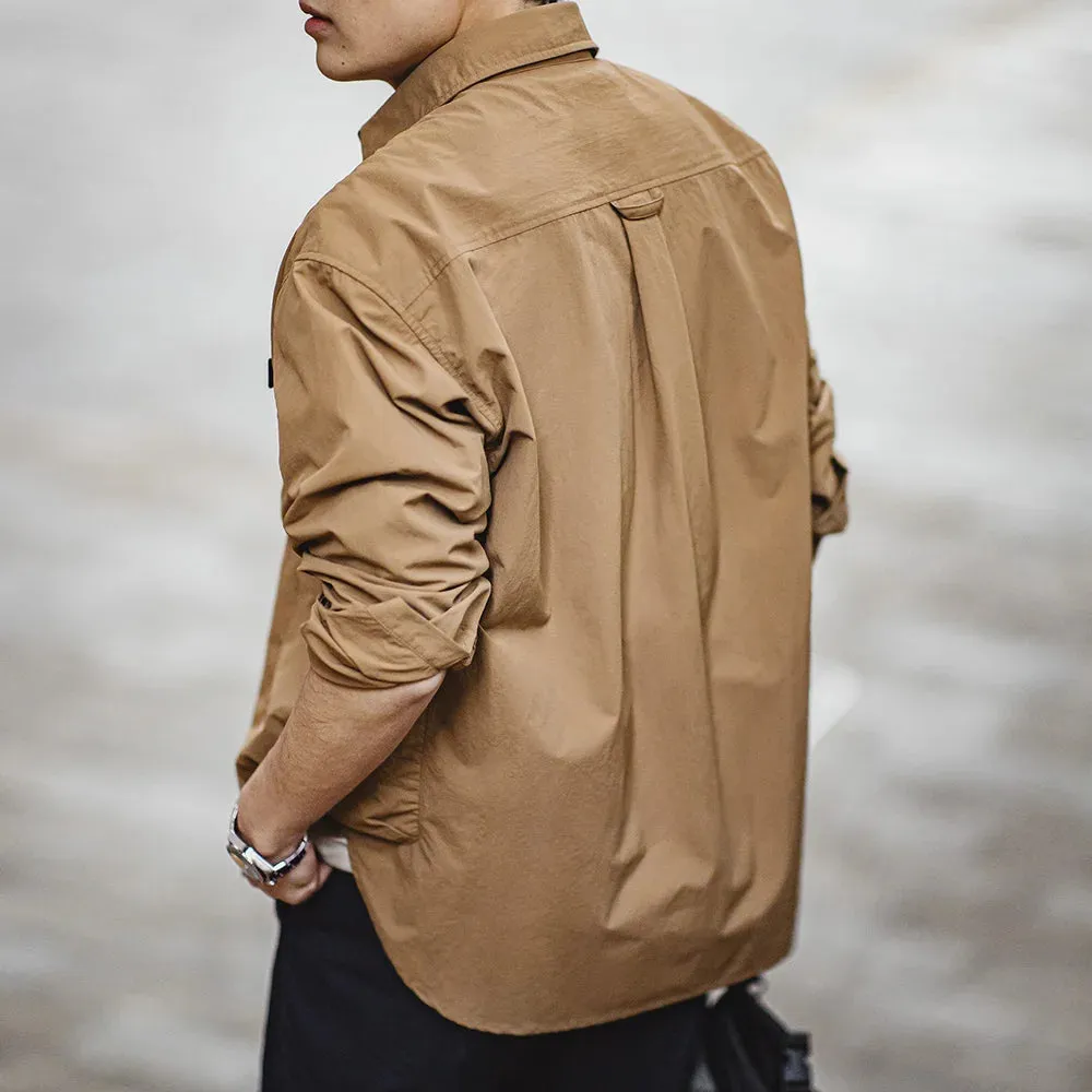 Men's Waterproof Shirt Casual Loose Turn-down Collar Long Sleeved Shirts with Multiple Pockets