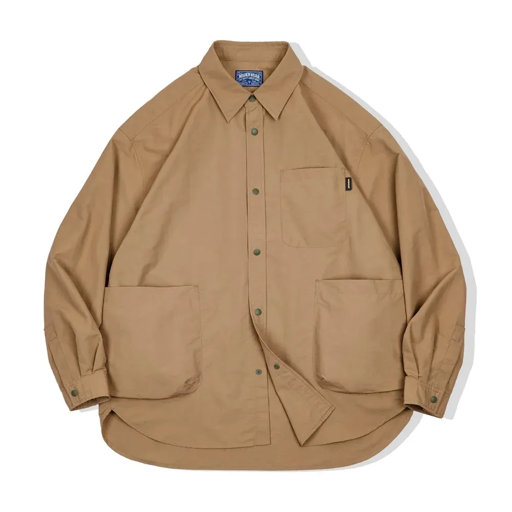 Men's Waterproof Shirt Casual Loose Turn-down Collar Long Sleeved Shirts with Multiple Pockets