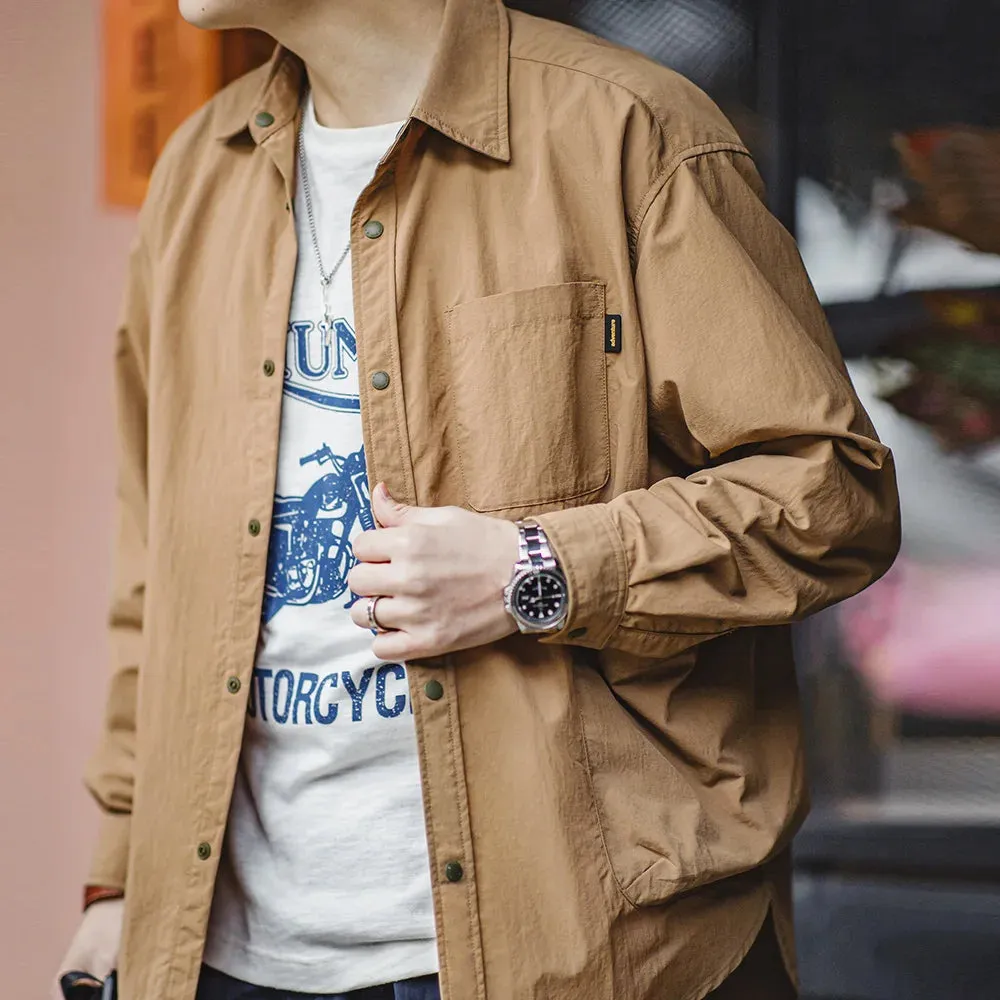 Men's Waterproof Shirt Casual Loose Turn-down Collar Long Sleeved Shirts with Multiple Pockets