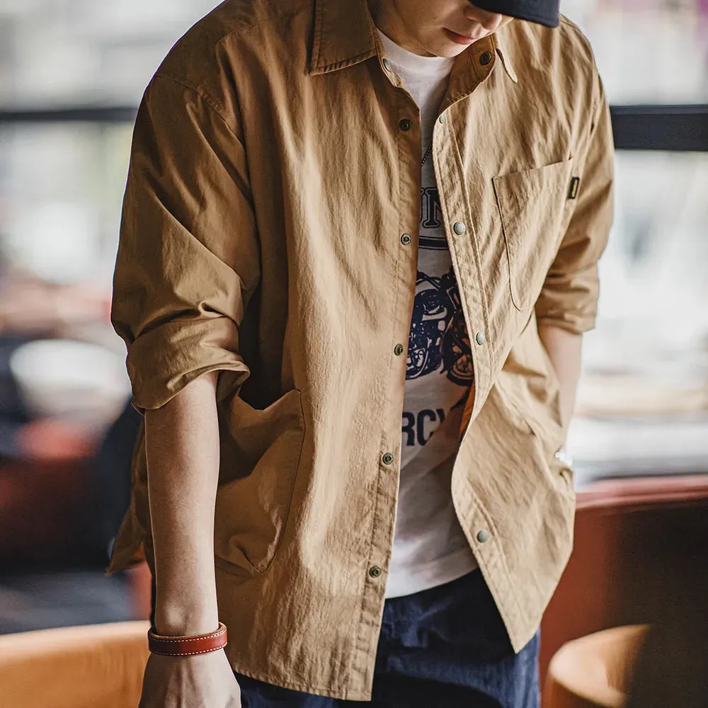 Men's Waterproof Shirt Casual Loose Turn-down Collar Long Sleeved Shirts with Multiple Pockets