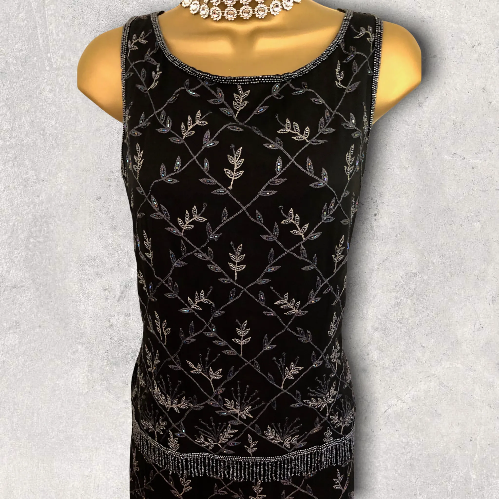 Monsoon Twilight Black Vintage Silk Beaded Skirt & Top Flapper Dress UK 10 US 6 EU 38
