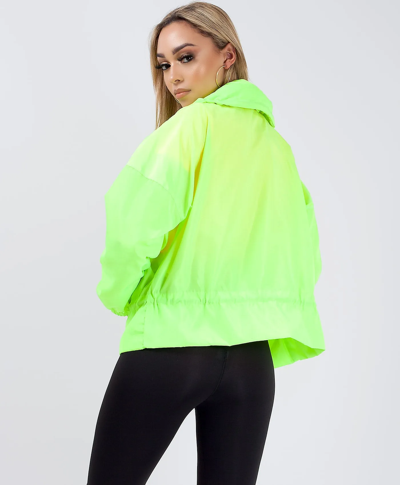 Neon Green Drawstring Waist Windbreaker Oversize Festival Jacket