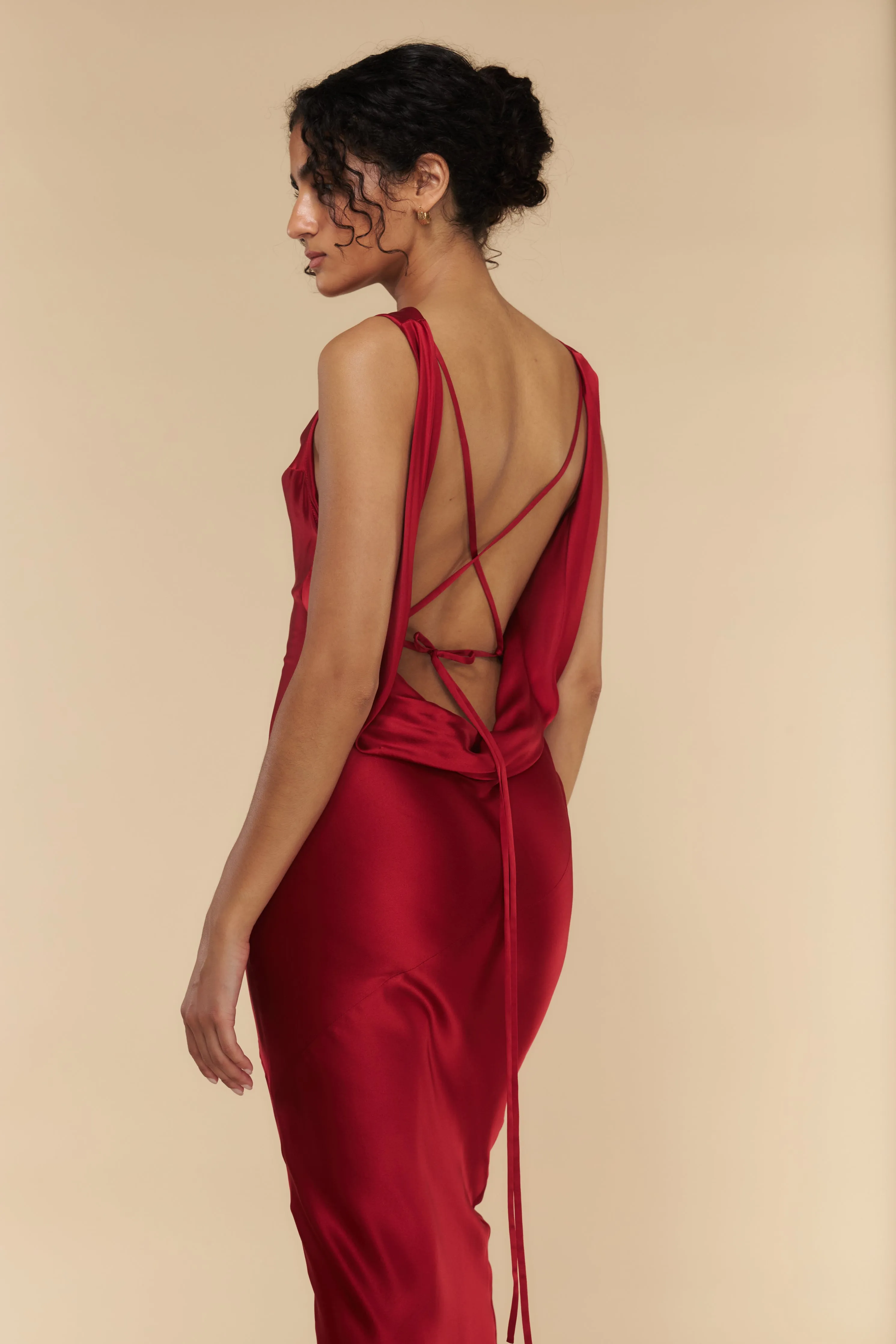 Plunging Back Cowl Dress Scarlet