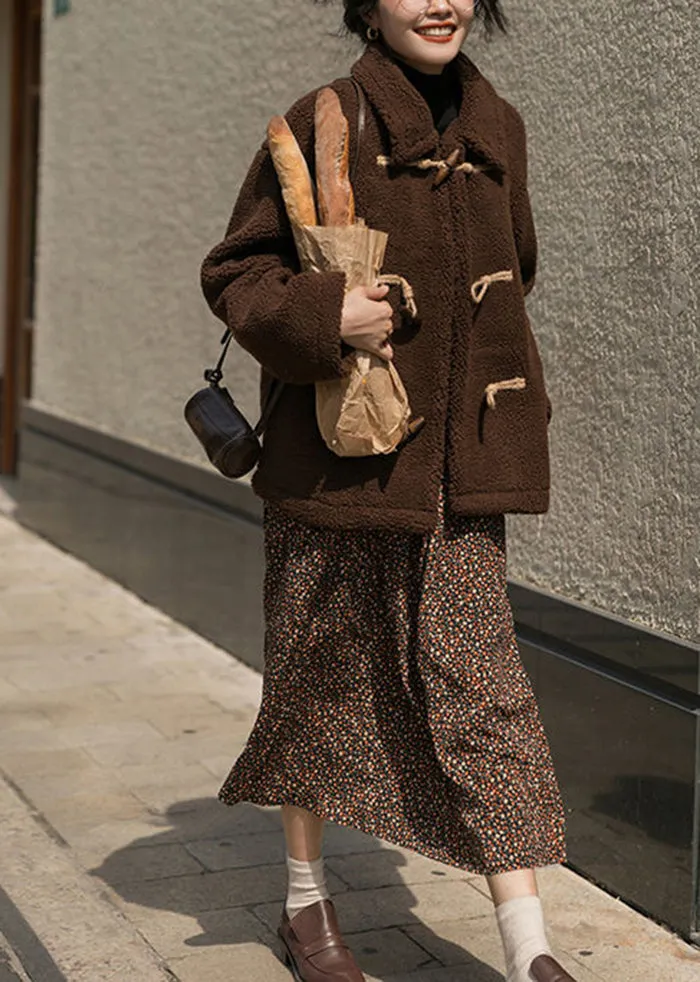Plus Size Chocolate Horn Button Thick Cashmere Teddy Coat Winter