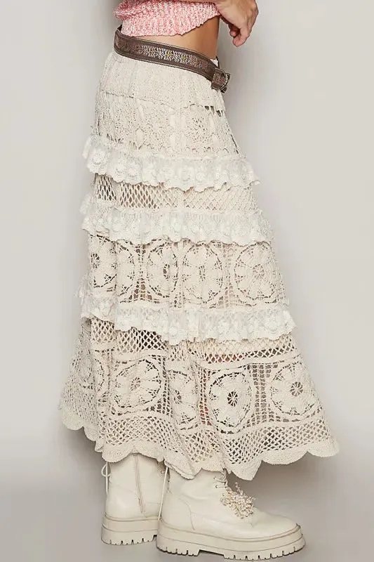 Pol Clothing Inc. Clarissa Woven Skirt – Cotton Crochet Midi with Ruffle Detail