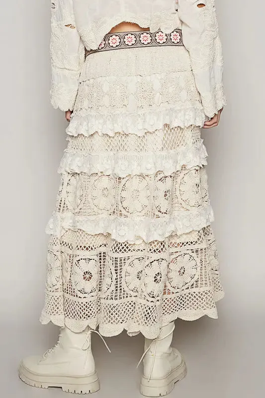 Pol Clothing Inc. Clarissa Woven Skirt – Cotton Crochet Midi with Ruffle Detail