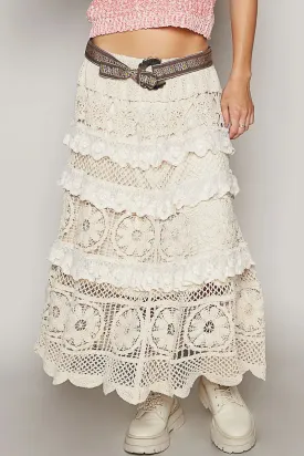 Pol Clothing Inc. Clarissa Woven Skirt – Cotton Crochet Midi with Ruffle Detail