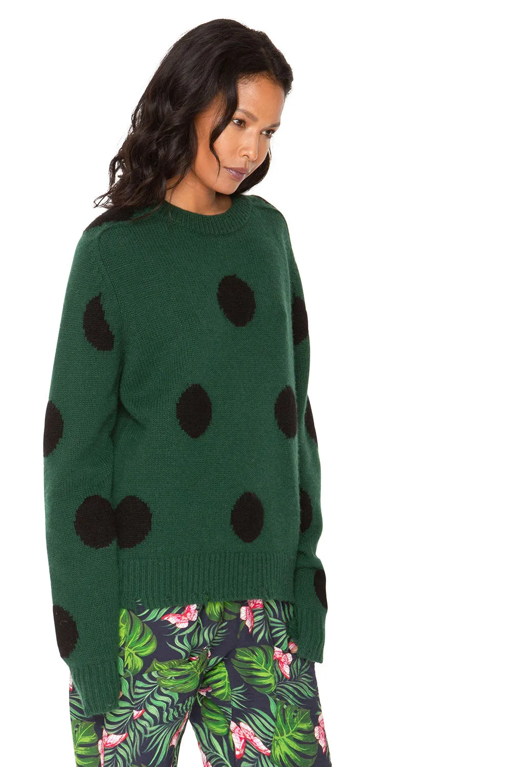 Polka Dot Distressed Cashmere Sweater - Forest  & Black