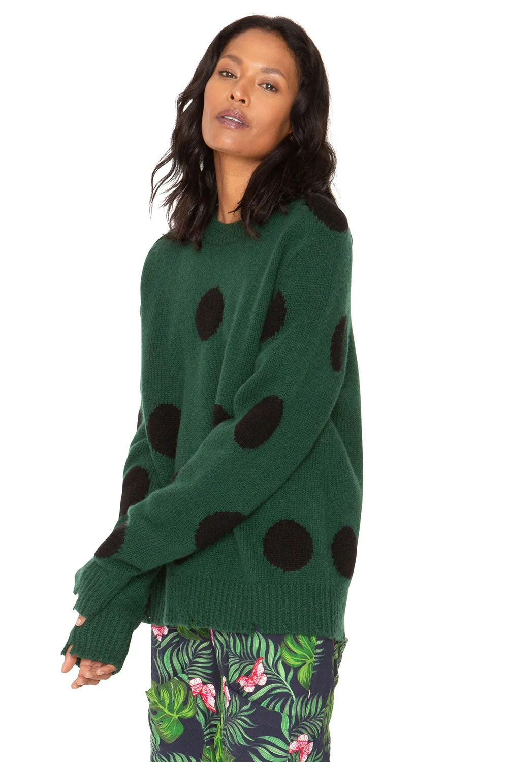 Polka Dot Distressed Cashmere Sweater - Forest  & Black