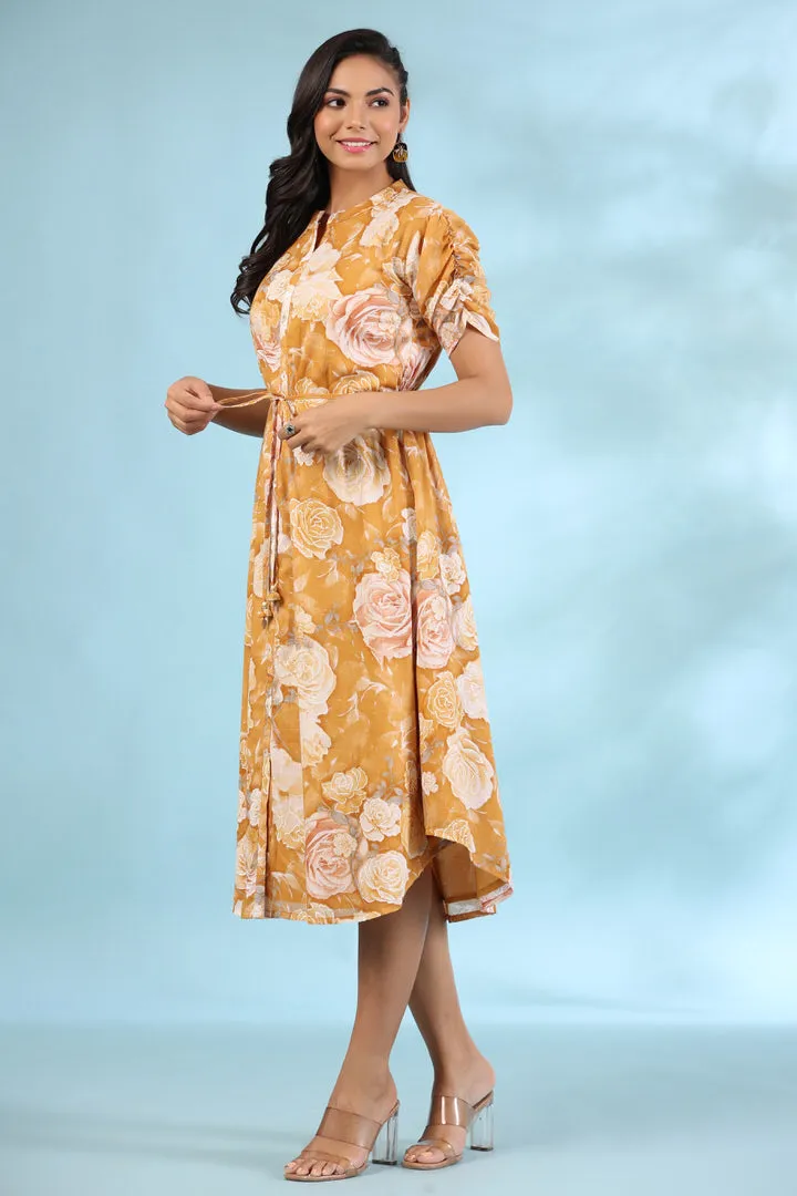 Rose Meadow on Mustard Silk Midi Dress