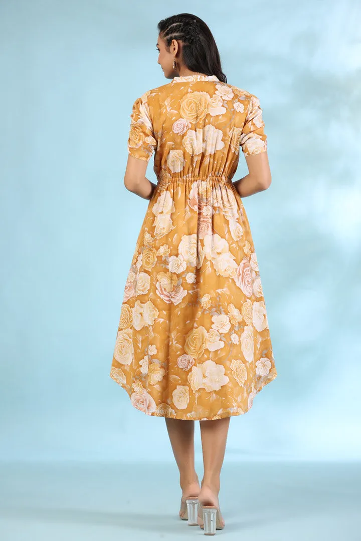 Rose Meadow on Mustard Silk Midi Dress