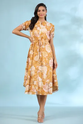 Rose Meadow on Mustard Silk Midi Dress