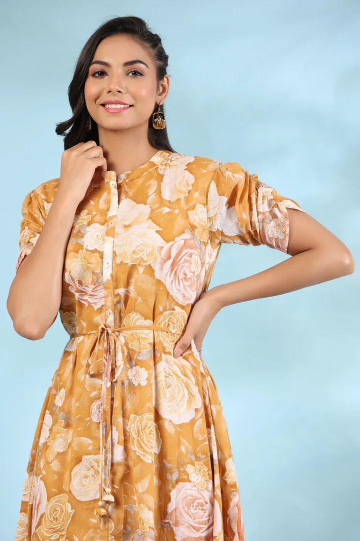 Rose Meadow on Mustard Silk Midi Dress