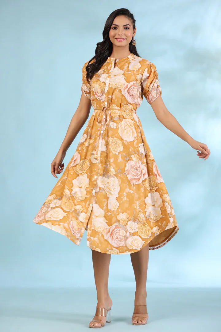 Rose Meadow on Mustard Silk Midi Dress