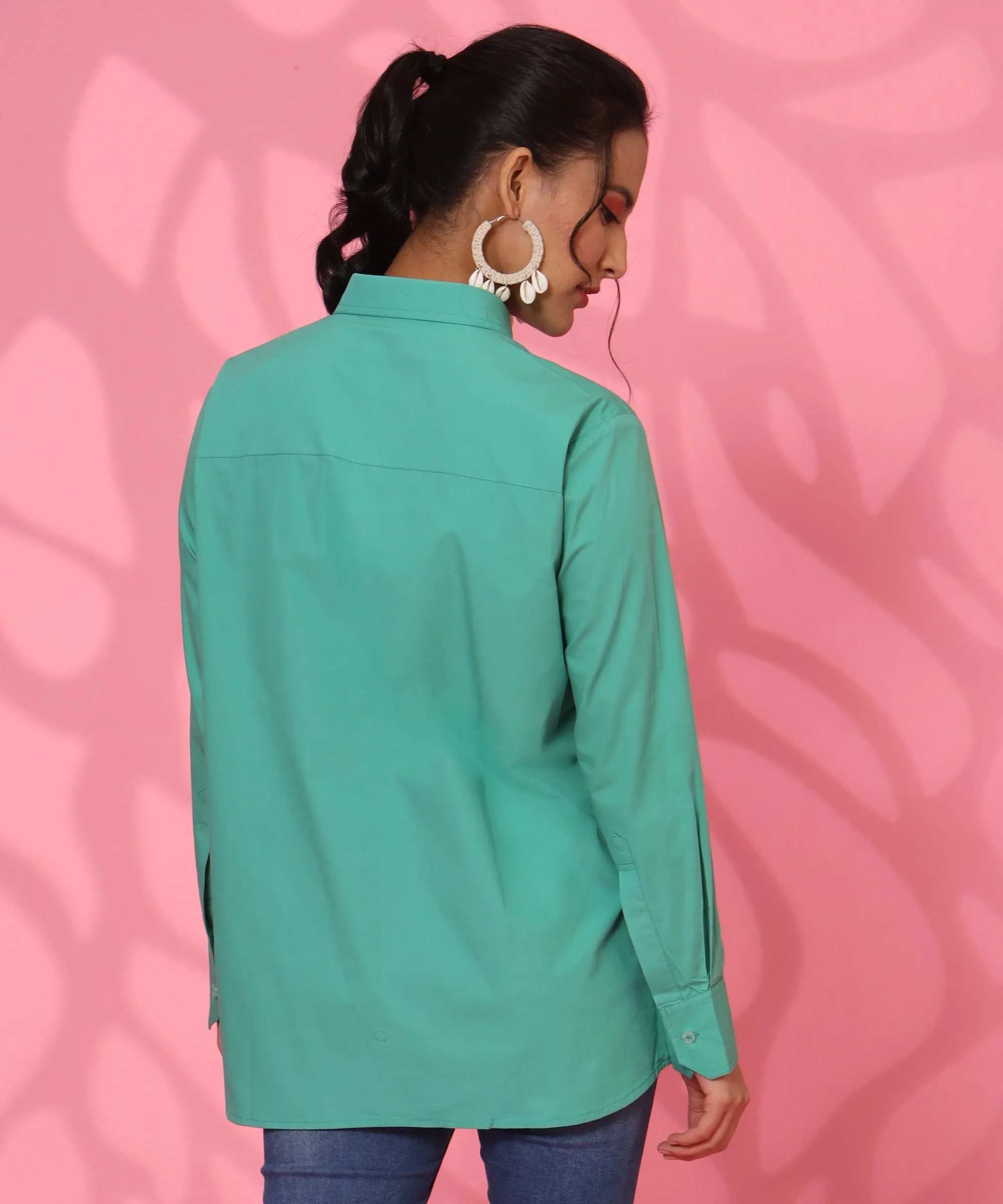 SEA GREEN LOOSE FIT EMBROIDERY SHIRT FOR WOMEN