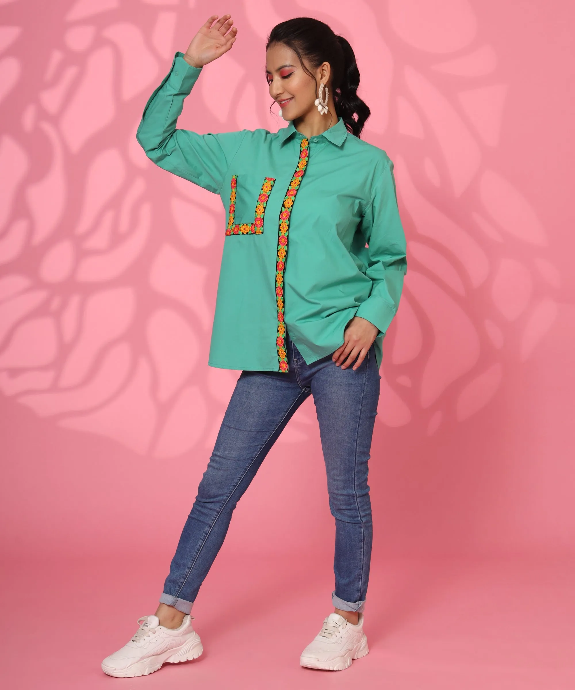 SEA GREEN LOOSE FIT EMBROIDERY SHIRT FOR WOMEN