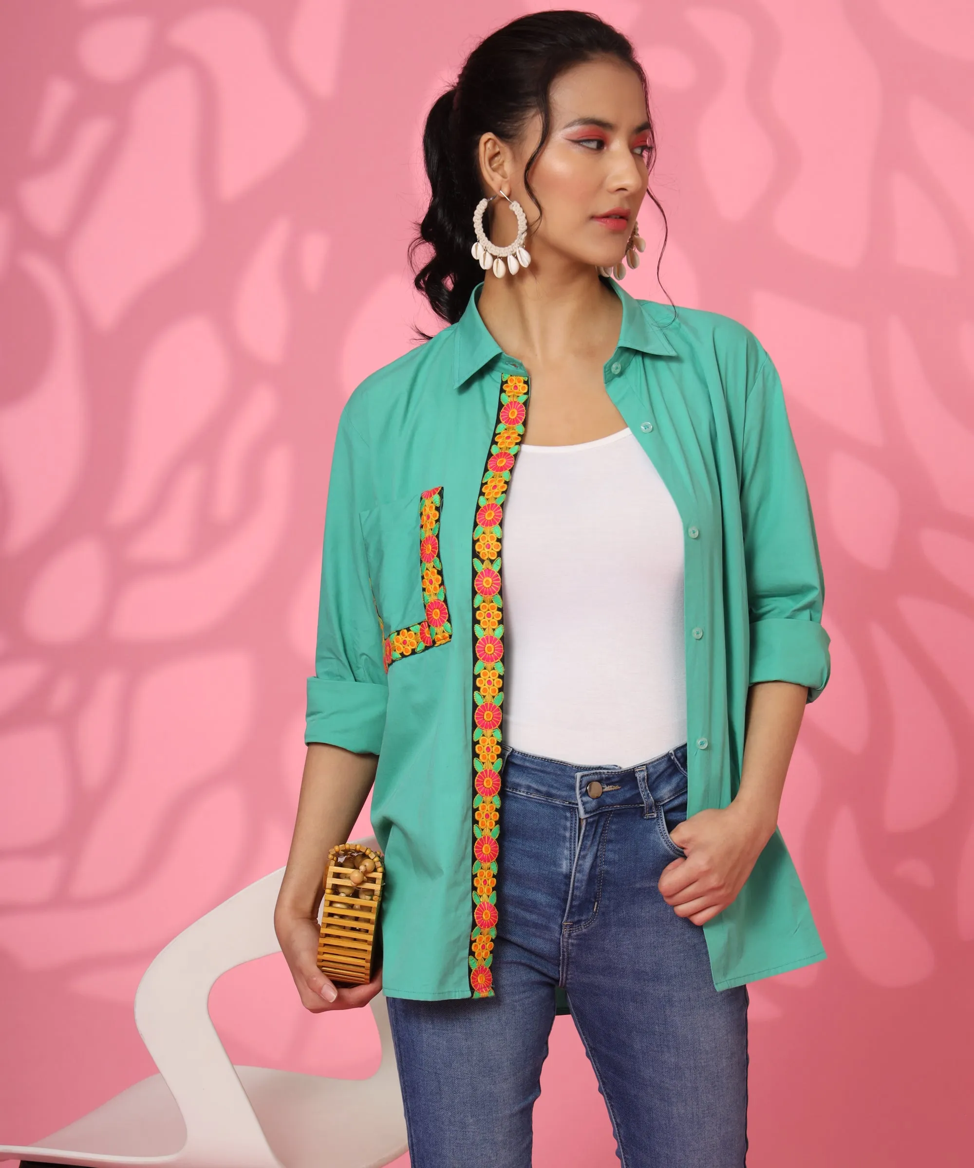 SEA GREEN LOOSE FIT EMBROIDERY SHIRT FOR WOMEN