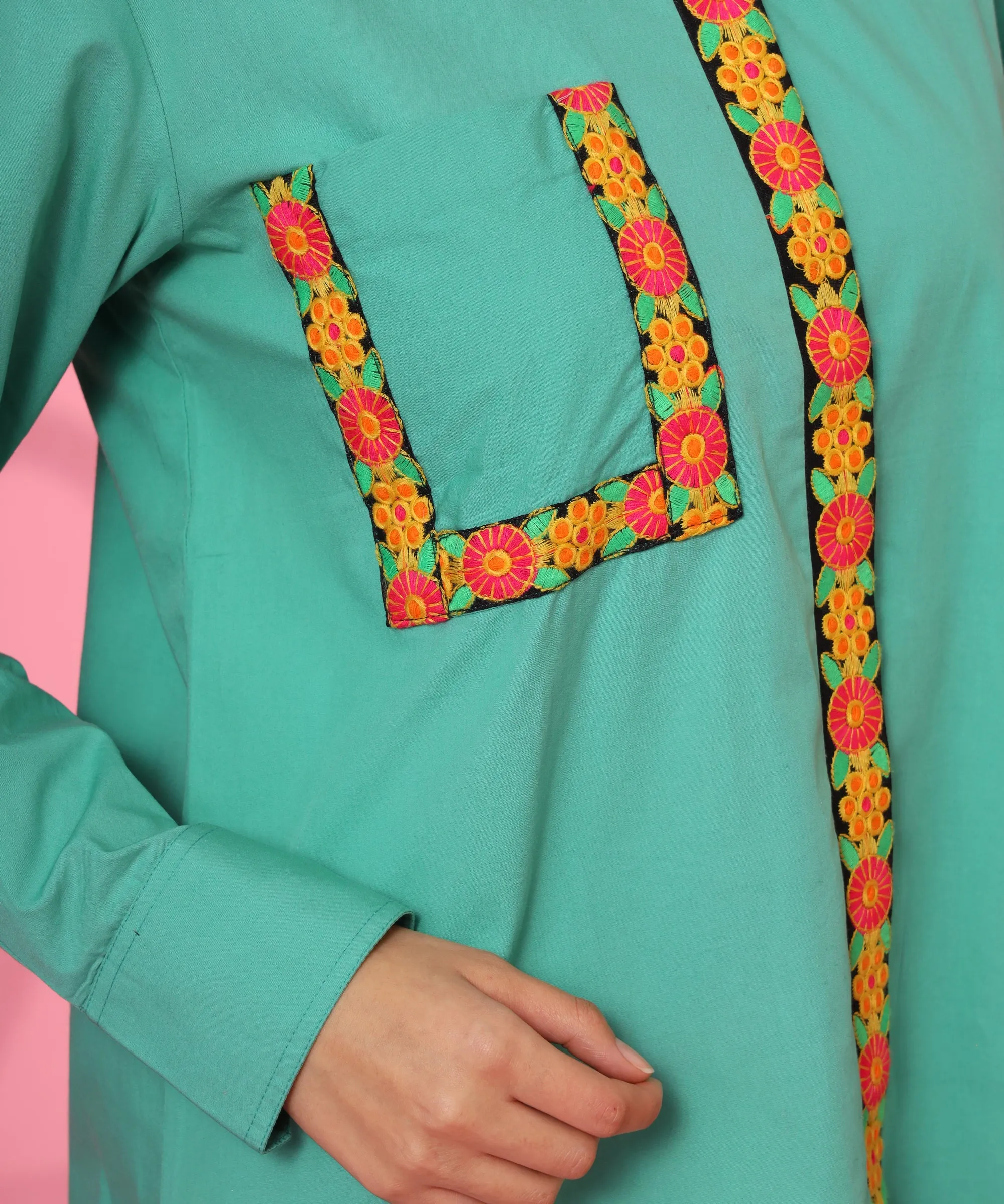 SEA GREEN LOOSE FIT EMBROIDERY SHIRT FOR WOMEN