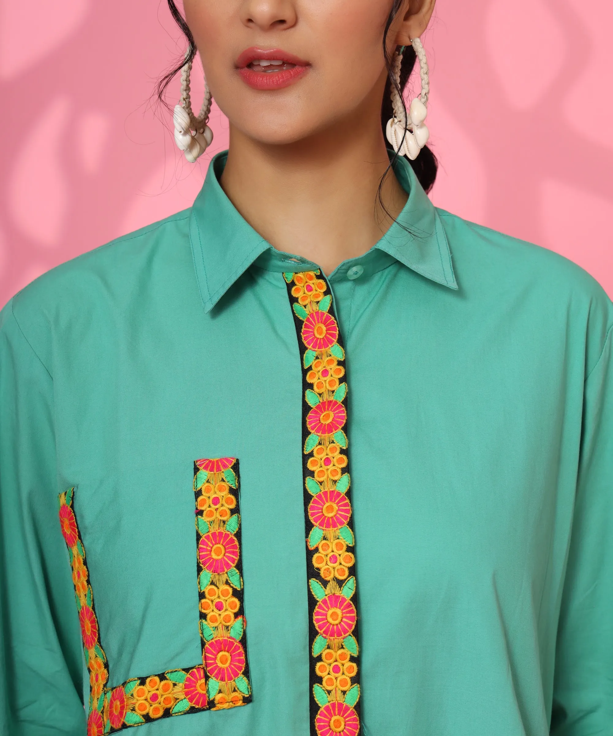 SEA GREEN LOOSE FIT EMBROIDERY SHIRT FOR WOMEN