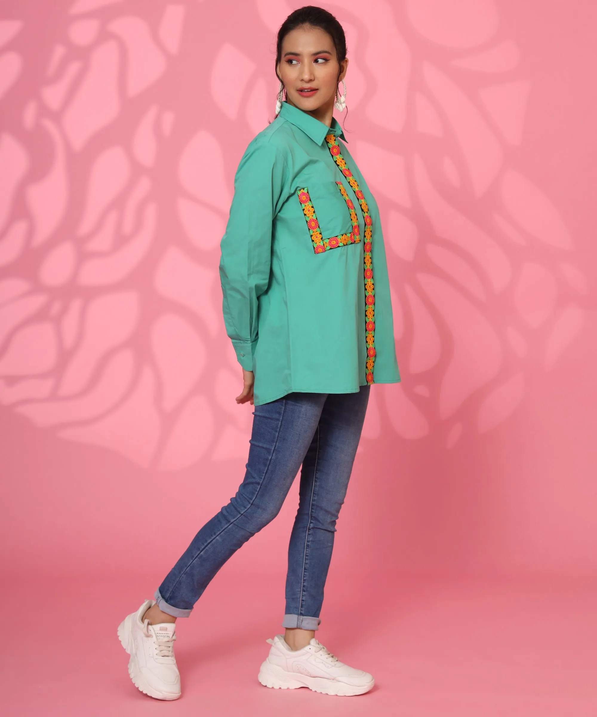 SEA GREEN LOOSE FIT EMBROIDERY SHIRT FOR WOMEN