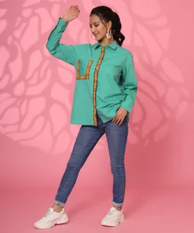 SEA GREEN LOOSE FIT EMBROIDERY SHIRT FOR WOMEN
