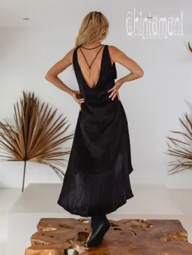 Silk Maxi Dress with Open Back / Black